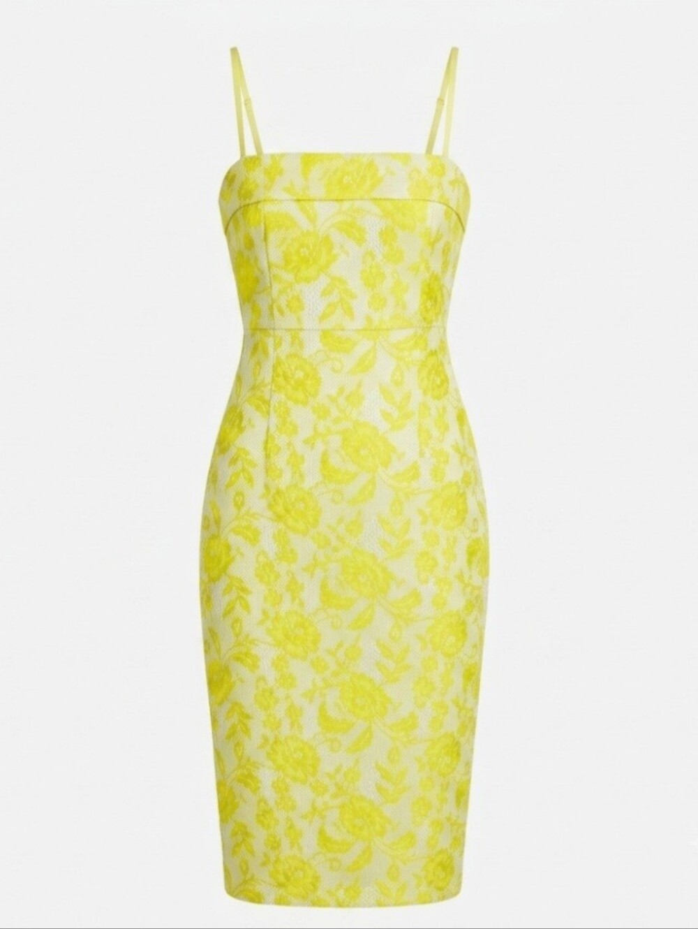 FLORAL LACE MIDI DRESS YELLOW SPAGHETTI STRAP BACK ZIPPER SLIT SZ XS